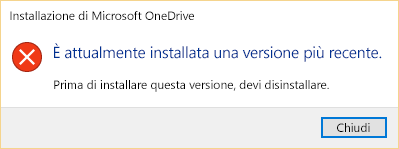 Messaggio di errore che indica che è già installata una versione più recente di OneDrive.