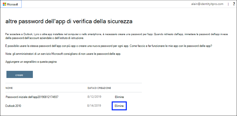 Screenshot che mostra l'eliminazione di una password dell'app nella pagina Password app