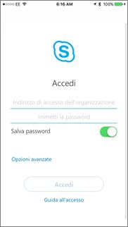 Schermata di accesso in per Skype for business su iOS