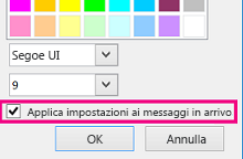 'Schermata della sezione della finestra di modifica dei caratteri con l'opzione Applica impostazioni ai messaggi in arrivo selezionata'