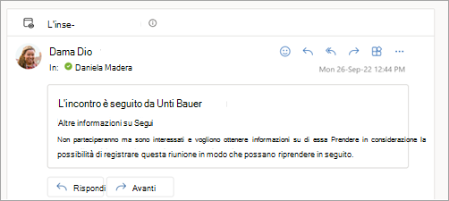 Screenshot che mostra la risposta tramite posta elettronica che il partecipante sta seguendo la riunione