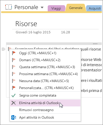 Screenshot che illustra come eliminare un'attività di Outlook in OneNote 2016.
