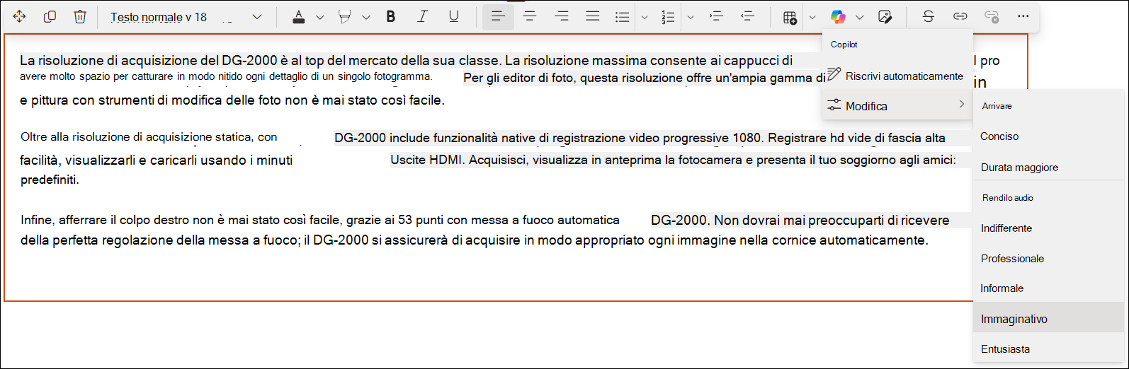 Screenshot di una visualizzazione rapida di Copilot nell'editor di SharePoint