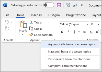 Immagine dell'elenco a discesa Personalizza barra di accesso rapido per aggiungere comandi