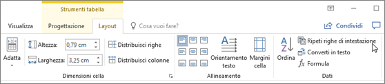 Screenshot che mostra il cursore che punta all'opzione Ripeti righe di intestazione in Strumenti tabella nel gruppo Dati della scheda Layout.