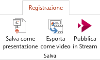 Comandi Salva come mostra ed Esporta in video nella scheda Registrazione di PowerPoint 2016.