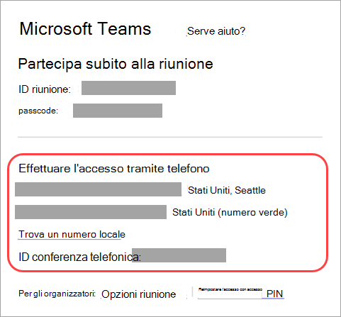 Screenshot che mostra dove è possibile accedere a una riunione di Teams.