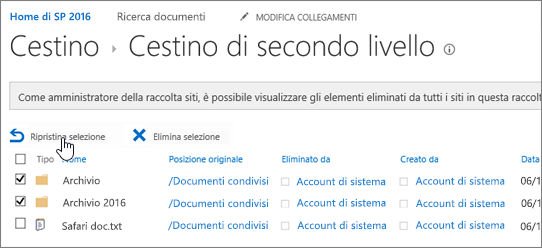 Cestino di secondo livello di SharePoint con il pulsante Ripristina evidenziato