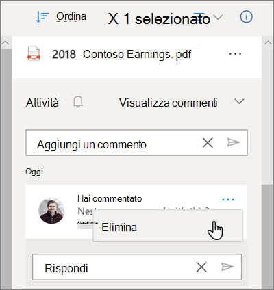 Riquadro dei dettagli di OneDrive, che mostra i commenti a sinistra in un file condiviso e l'opzione Elimina selezionata per un commento
