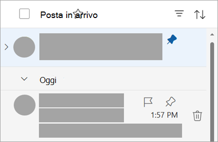 Screenshot che mostra l'elenco dei messaggi con un messaggio aggiunto in alto e un messaggio sbloccato in Messaggio di posta elettronica di oggi