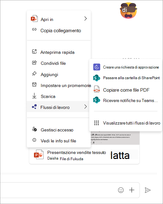 Screenshot che mostra il menu del flusso di lavoro aperto da un file condiviso