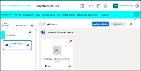 Screenshot di un corso Brightspace di D2L che evidenzia la funzionalità Classi Microsoft.