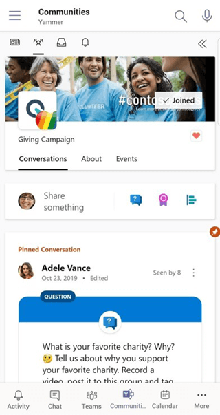 Uso dell'app Conversazioni per Teams su Yammer mobile