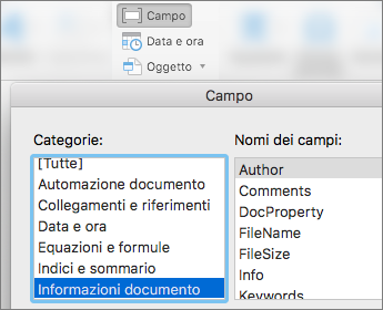 Screenshot che mostra i codici di campo filtrati in base alla categoria Informazioni documento