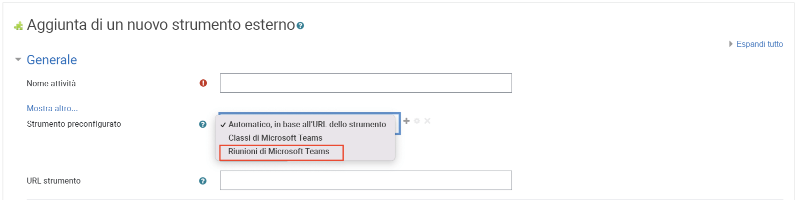 Screenshot di Moodle, che seleziona "Teams riunioni" nell'elenco a discesa dello strumento preconfigurato.