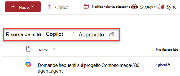 screenshot della struttura della cartella in cui salvare un agente Copilot approvato