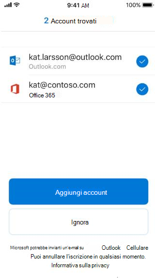 Mostra una schermata di Outlook con due indirizzi di posta elettronica elencati: uno che è un indirizzo di posta elettronica di Outlook e uno che non lo è.