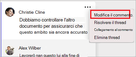 Commento in Word sul Mac, in cui nel menu Altre opzioni è selezionata l'opzione "Modifica commento".