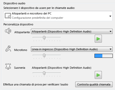 Schermata della casella di selezione del dispositivo audio in cui impostare la qualità audio
