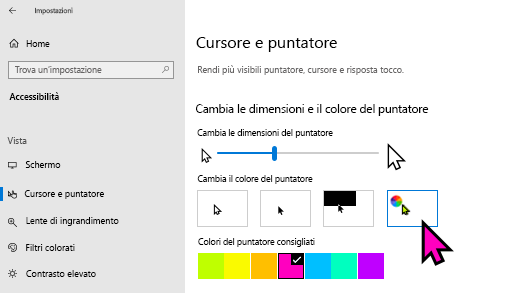 Modificare le dimensioni e il colore del puntatore nell Windows 10 Impostazioni app