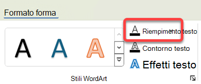 Per cambiare il colore dell'oggetto WordArt, selezionarlo e quindi nella scheda Formato forma selezionare Riempimento testo.