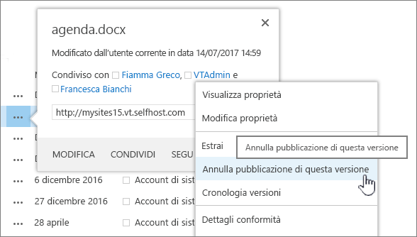 Fare clic su Annulla pubblicazione di questa versione