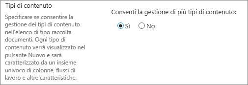 Pulsante Consenti la gestione di più tipi di contenuto nelle impostazioni avanzate