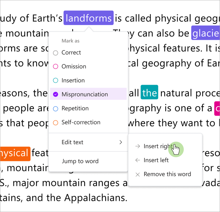 Screenshot del riquadro di revisione della Valutazione della lettura che mostra come inserire parole a destra o a sinistra di una parola selezionata