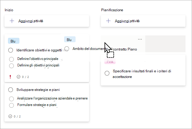 Trascinamento di un'attività tra contenitori nella visualizzazione bacheca