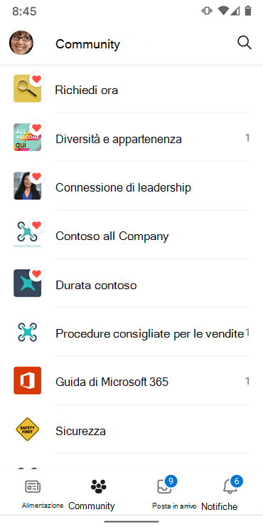 Screenshot che mostra le community nell'app Yammer Android