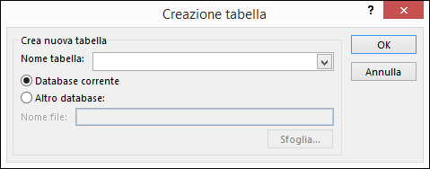 La finestra di dialogo Creazione tabella in Access consente di selezionare le opzioni per la query di creazione tabella.