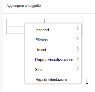 Screenshot del menu di scelta rapida della tabella