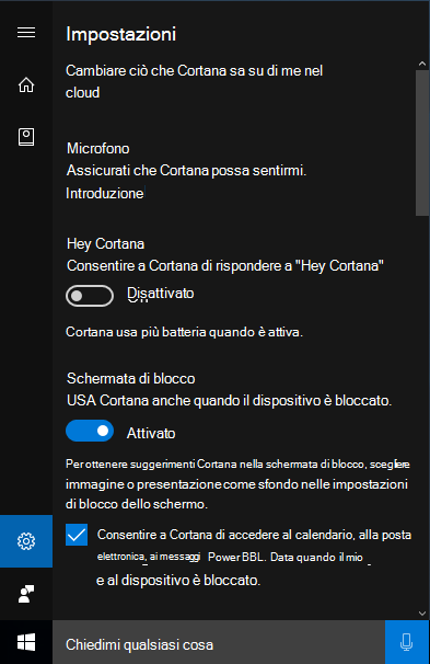 immagine delle Impostazioni di Cortana
