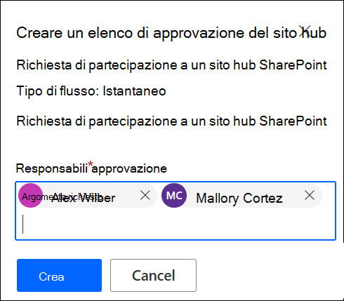 screenshot dell'aggiunta di responsabili approvazione