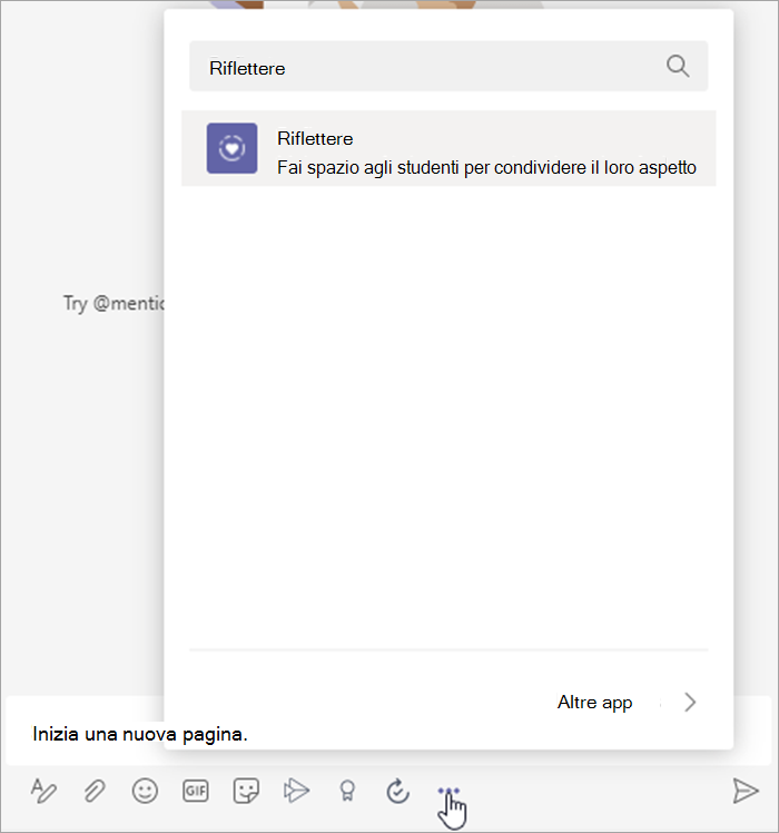 Screenshot del cursore che passa sopra i puntini di sospensione sotto l'estensione di messaggistica "nuova conversazione" visualizzata con "Rifletti" nella barra di ricerca