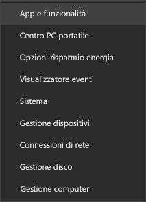 Screenshot del menu Start che mostra App e funzionalità