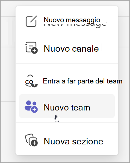 Screenshot dell'opzione per creare un nuovo team. Si rivela dopo aver selezionato l'opzione nuovi elementi.