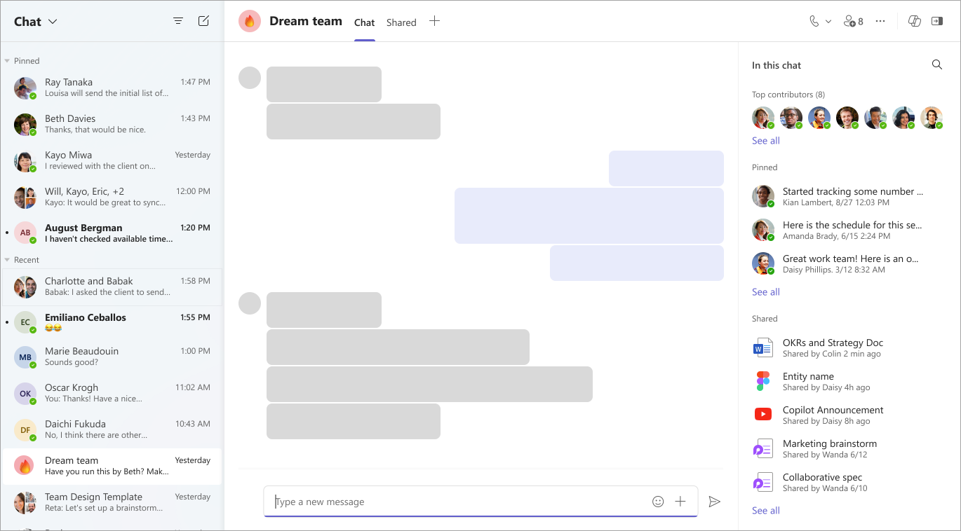 Screenshot dell'app chat che mostra i messaggi recenti, i principali collaboratori, i messaggi aggiunti, i file condivisi e una casella di input di testo con un pulsante di invio.