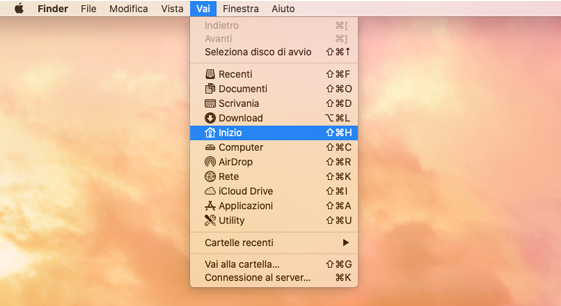 Home è evidenziato nel menu Go di Macintosh.