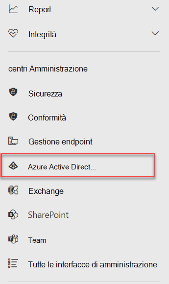 Menu Interfacce di amministrazione in Microsoft 365 con l'interfaccia di amministrazione di Azure Active Directory evidenziata.