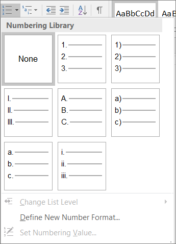 Screenshot delle opzioni per lo stile di numerazione