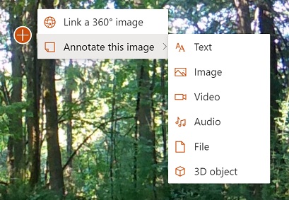 Menu che mostra le opzioni per le annotazioni di immagini a 360°, inclusi i tipi di annotazione Testo, Immagine, Video, Audio, File e Oggetti 3D