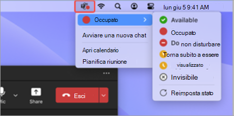 Screenshot che mostra l'icona dell'app Teams nella barra dei menu del Mac selezionata, con le azioni rapide disponibili.