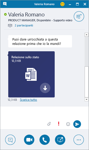 Screenshot della finestra di un messaggio istantaneo con un allegato in arrivo.