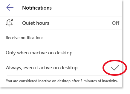 Immagine che mostra Notifiche impostato su Sempre in Microsoft Teams