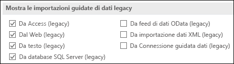 Immagine delle opzioni ottieni & trasformazione guidata legacy da Opzioni > file > dati.