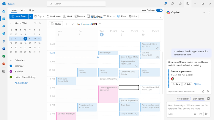 Screenshot che illustra come prenotare appuntamenti usando la Pianificazione assistita chat in Outlook.