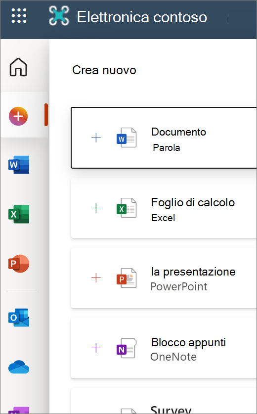 Novità: la schermata di apertura di Office.com mostra le icone per aprire un nuovo documento oppure Word, Excel, ecc.