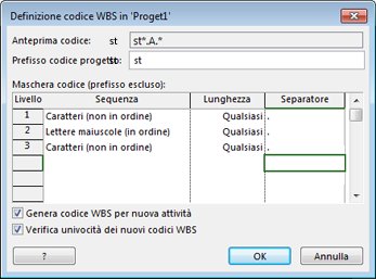 Immagine della finestra di dialogo Definizione codice WBS