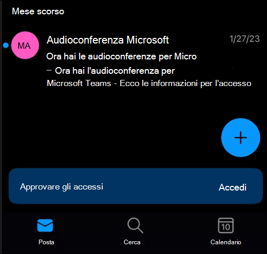 Una cartella Posta in arrivo in Outlook Mobile che mostra un banner nella parte inferiore dello schermo con un pulsante "accedi".